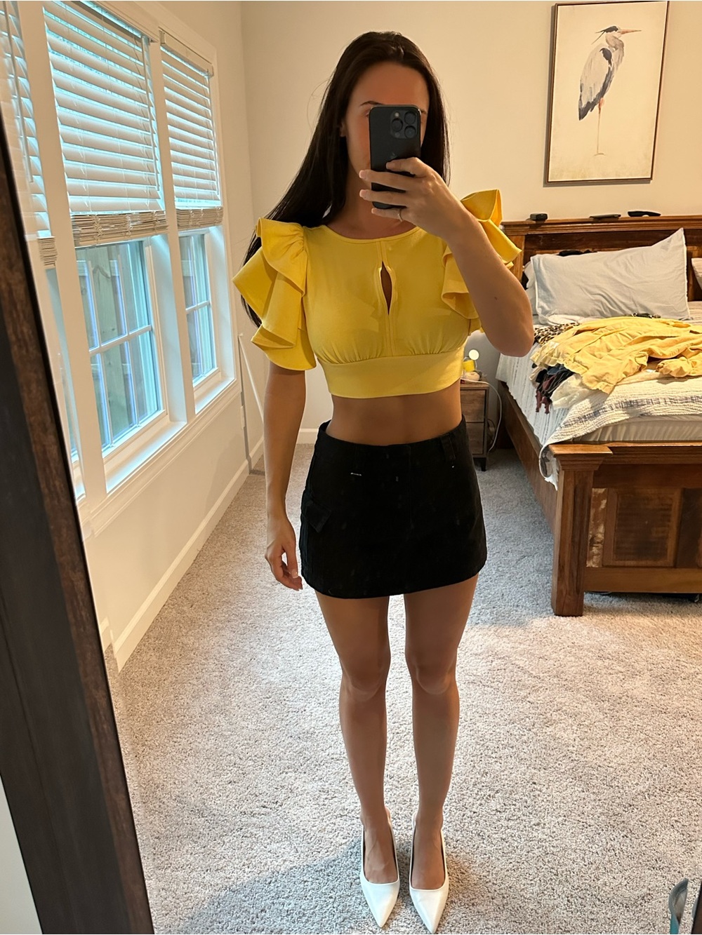 Daylight Yellow Ruffle Sleeve Crop Top with Keyhole Detail